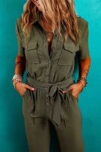 Load image into Gallery viewer, &quot;WAITLIST&quot; Moss Green Half Button Belted Utility Short Sleeve Jumpsuit
