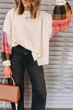 Load image into Gallery viewer, Beige Contrast Plaid Long Sleeve Exposed Seam Patchwork Top
