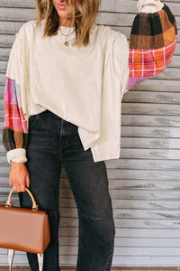 Beige Contrast Plaid Long Sleeve Exposed Seam Patchwork Top