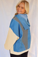 Load image into Gallery viewer, Black Stripe Denim Color Block Quarter Zip Baggy Drawstring Hoodie
