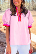Load image into Gallery viewer, &quot;WAITLIST&quot; Pink Contrast Striped V Neck Collision Short Puff Sleeve Blouse
