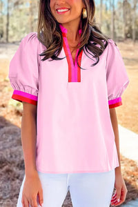 "WAITLIST" Pink Contrast Striped V Neck Collision Short Puff Sleeve Blouse