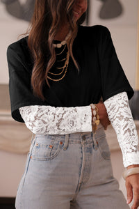 Black Lace Long Sleeve Insert Drop Shoulder Tee
