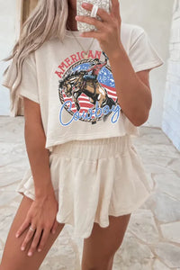 "WAITLIST" Beige American Cowboy Western Graphic Tee and Ruffle Skort 2pcs Set