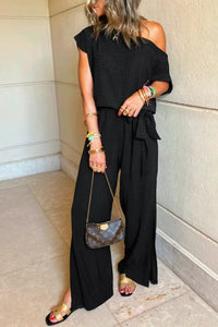 Black Checkered Mesh One Shoulder Short Sleeve Knotted Waist