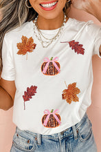 Load image into Gallery viewer, White Sequined Pumpkin Leaves Fall Vibe Graphic T Shirt

