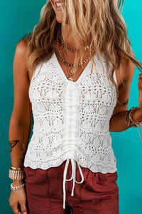 "WAITLIST" Beige Trendy Hollowed Knit V Neck Drawstring Sweater Vest
