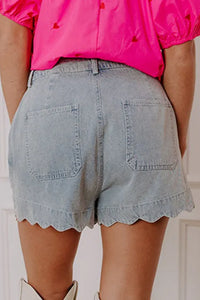 "WAITLIST" Dusk Blue Scalloped Hemline Acid Wash High Waist Denim Shorts