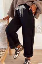 Load image into Gallery viewer, Black Fleece Lined Leopard Drawstring Elastic Waist Solid Pants
