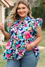 Load image into Gallery viewer, Blue Floral Flutter Sleeve Tied Notched Neck Plus Size Blouse
