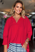 Load image into Gallery viewer, Fiery Red V Neck Collared Shirred 3/4 Sleeve Oversized Tunic Top
