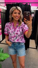 Load image into Gallery viewer, Pink Floral Lace Detail V Neck Blouse
