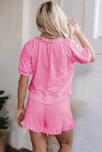 Load image into Gallery viewer, Pink Half Zip Puff Sleeve Top and Ruffled Shorts Set
