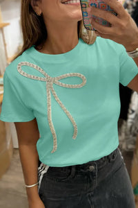 "WAITLIST" Mint Green Rhinestone Bow Embellished Round Neck Tee