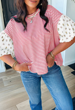 Load image into Gallery viewer, Red Stripe Floral Puff Sleeve Patchwork Blouse
