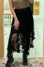 Load image into Gallery viewer, Black Lace Cascading Tiered High Waist Maxi Skirt
