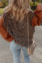Load image into Gallery viewer, Brown Leopard Floral Print Ribbed Puff Sleeve Patchwork Loose Pullover
