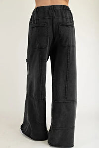 "WAITLIST" Black Mineral Wash Exposed Seam Drawstring High Waist Wide Leg Cargo
