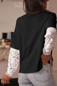 Black Lace Long Sleeve Insert Drop Shoulder Tee