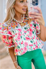 Load image into Gallery viewer, Pink Floral Print Striped Detail Split Neck Short Sleeve Blouse
