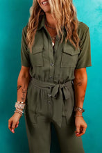 Load image into Gallery viewer, &quot;WAITLIST&quot; Moss Green Half Button Belted Utility Short Sleeve Jumpsuit
