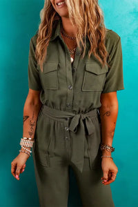 "WAITLIST" Moss Green Half Button Belted Utility Short Sleeve Jumpsuit