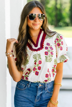 Load image into Gallery viewer, White Floral Short Bubble Sleeve Contrast Blouse
