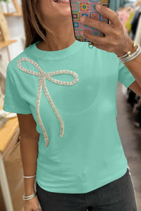 "WAITLIST" Mint Green Rhinestone Bow Embellished Round Neck Tee