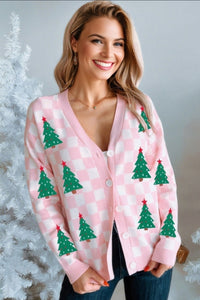 "WAITLIST" Pink Checkered Christmas Tree Pattern Button V Neck Cardigan Sweater
