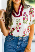 Load image into Gallery viewer, White Floral Short Bubble Sleeve Contrast Blouse
