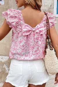 "WAITLIST" Pink Floral Ruffled Short Sleeve Bow Back Square Neck Blouse