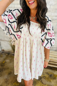 "WAITLIST" Pink Western Aztec Print Pleated Square Neck Loose Mini Dress