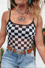 Load image into Gallery viewer, Black Sheer Checkered Print Spaghetti Top
