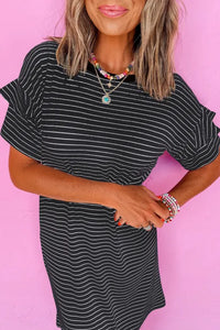 "WAITLIST" Black Stripe Ruffled Short Sleeve Crew Neck T Shirt Shift Mini Dress