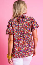 Load image into Gallery viewer, Purple Floral Print Knotted High Neck Puff Sleeve Blouse
