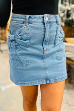 Load image into Gallery viewer, Dusk Blue Acid Wash Bowknot Details High Waist Denim Skirt
