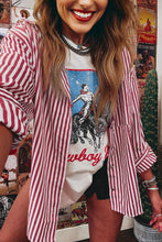 Load image into Gallery viewer, Red Stripe Patched Pocket Side Slit Loose Shirt
