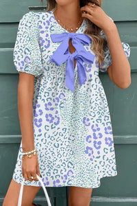 "WAITLIST" Sky Blue Leopard Contrast Bow Puff Sleeve Mini Dress
