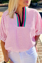 Load image into Gallery viewer, &quot;WAITLIST&quot; Sachet Pink Striped Print Contrast Split Neck Dolman Sleeve Blouse
