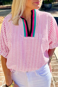 "WAITLIST" Sachet Pink Striped Print Contrast Split Neck Dolman Sleeve Blouse