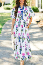 Load image into Gallery viewer, White Floral Puff Short Sleeve V Neck High Waist Maxi Dress
