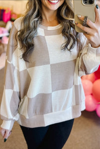 "WAITLIST" Khaki Checkered Print Breathable Textured Long Sleeve Top