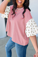 Load image into Gallery viewer, Red Stripe Floral Puff Sleeve Patchwork Blouse
