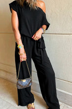 Load image into Gallery viewer, Black Checkered Mesh One Shoulder Short Sleeve Knotted Waist
