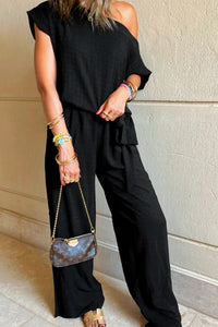 Black Checkered Mesh One Shoulder Short Sleeve Knotted Waist