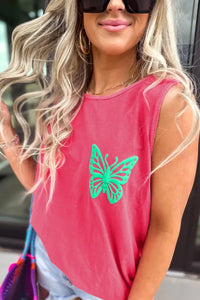 "WAITLIST" Sachet Pink Butterfly Graphic Casual Tank Top