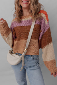Desert Gold Color Block Textured Knit Drop Shoulder Loose Fit Sweater