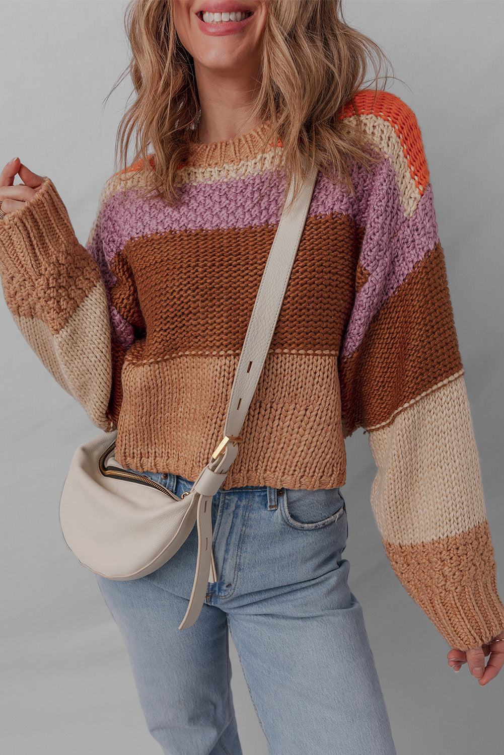 Desert Gold Color Block Textured Knit Drop Shoulder Loose Fit Sweater