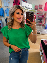Load image into Gallery viewer, Dark Green Textured Ruffled Sleeve Blouse
