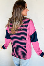 Load image into Gallery viewer, Pink Stripe Color Block V Neck Loose Fit Long Sleeve Top
